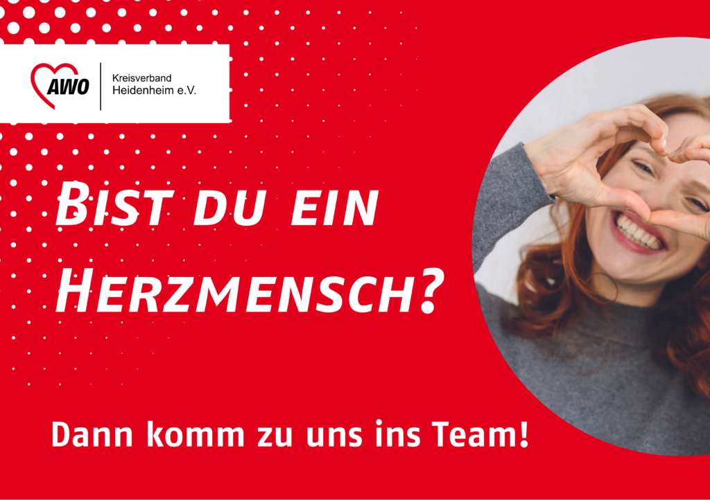Plakat mit Aufschrift: Bist du ein Herzmensch? Dann komm zu uns ins Team!